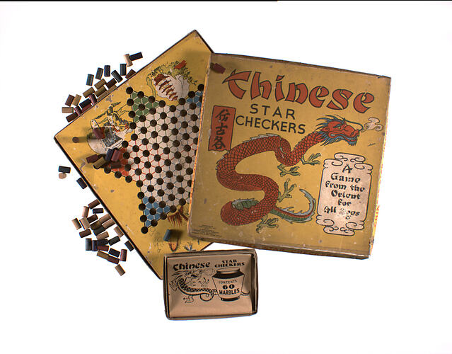 Checkers game with box, board and pieces.