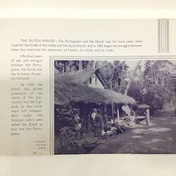 White page with dark blue text. People in front of straw roof hut in rural setting at lower right.