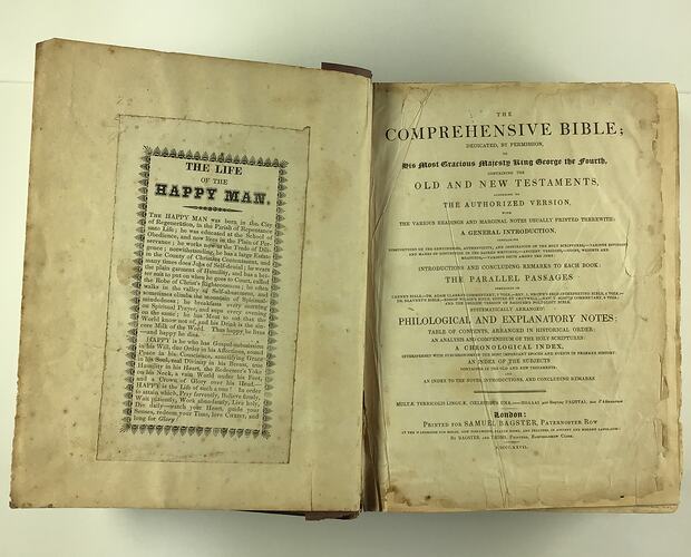 Open bible with white pages, both with typewritten text.