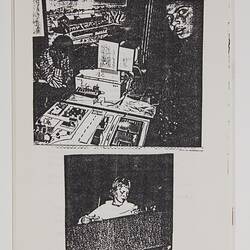 Back cover of white booklet with 2 black printed photographs of children at computers.