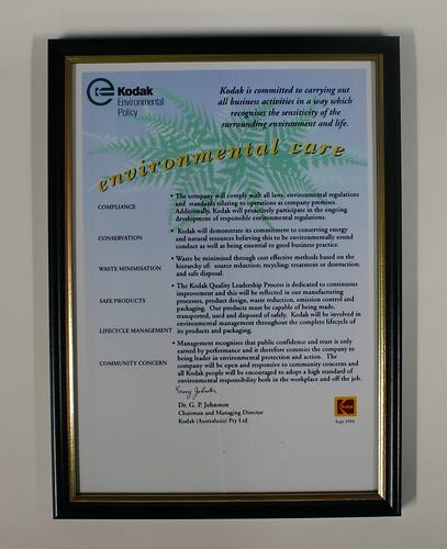 Certificate - Kodak Environmental Policy, Framed, 1996