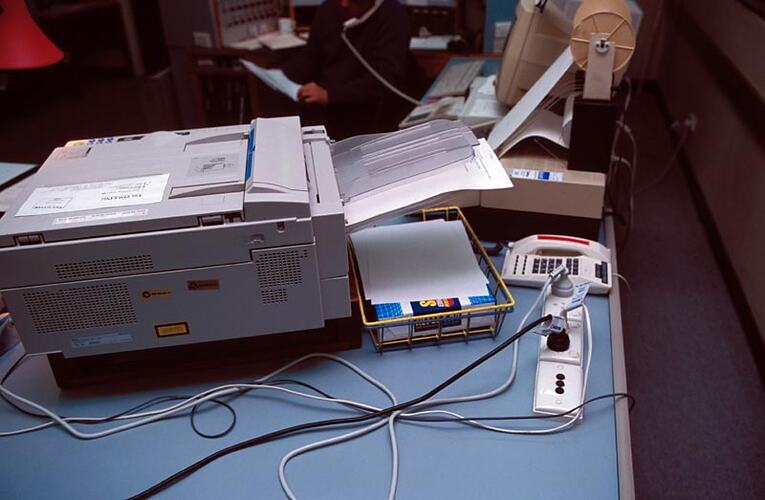 Printer on operator's desk (section of console). Melbourne Coastal Radio Station, Cape Schanck, Victoria