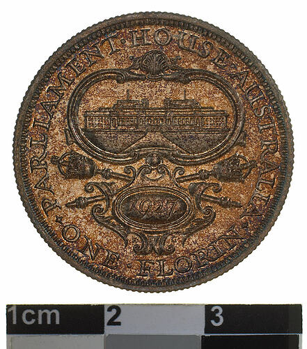 Coin - Florin (2 Shillings), Opening of Parliament House, Canberra Florin, Australia, 1927, photographed by Museums Victoria