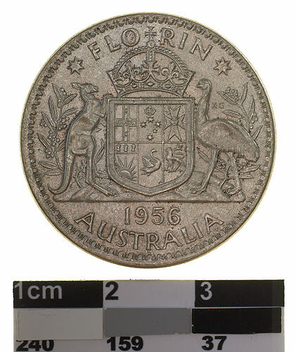 Coin - Florin (2 Shillings), Australia, 1956, photographed by Museums Victoria