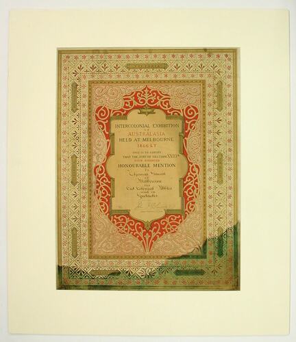 Certificate - Intercolonial Exhibition of Australasia 1866