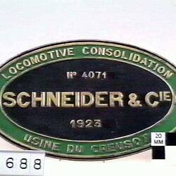 Locomotive Builders Plate - Schneider & Cie, Paris, France, 1923