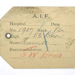 Transit Label - Medical Treatment, Thomas Joseph Hewitt, World War I, 29 Oct 1917