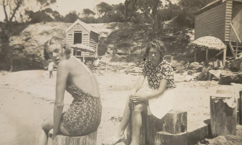 Digital Photograph - Two Girls by Bathing Boxes & Boat Ramp, Brighton Beach, circa 1938