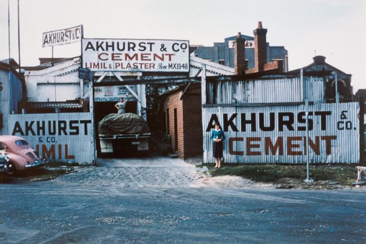 Digital Photograph - Entrance of Akhurst & Co Limil Cement & Plaster Merchants, South Melbourne, 1957-1963