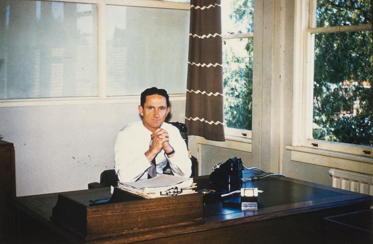Digital Photograph - Man Sitting at Desk, Department of Works, Hawthorn, 1961