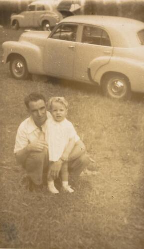 Digital Photograph - Man & Infant Boy, in front of Car, at Holden Family Picnic, Mount Evelyn, 1955