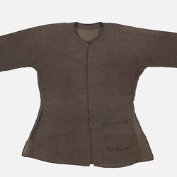 Brown collarless long sleeve button up shirt. Hip pocket at left.