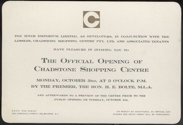 Invitation - Myer Emporium Ltd, Opening of Chadstone Shopping Centre, 1960