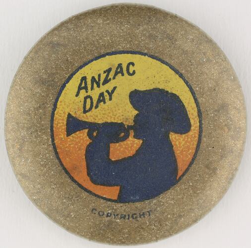 Round patriotic badge with man playing trumpet silhouette.