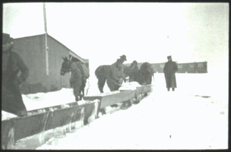 Lantern Slide - Frozen Water Troughs, Rollerstone Camp, England, 1917