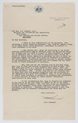 Letter - Honorable A.A. Calwell, M.P., 15/01/1949