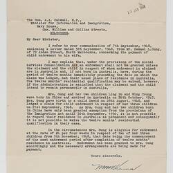 Letter - Child Endowment, NE McKenna, Minister for Social Services, to Honorable AA Calwell, MP, Gung Family , 15 Jan 1949