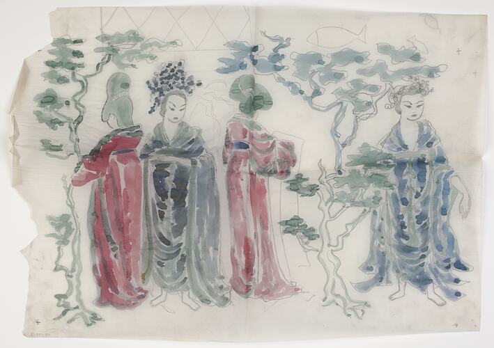 Work on Tracing Paper - John Rodriquez, 'Oriental Females and Foliage' in Watercolour, 1950s