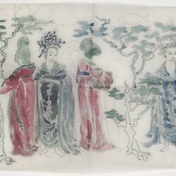 Work on Tracing Paper - John Rodriquez, 'Oriental Females and Foliage' in Watercolour, 1950s