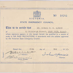 Certificate - Issued to Howard F. W. Dawson, State Emergency Council, Air Raid Precautions, Victoria, 1941