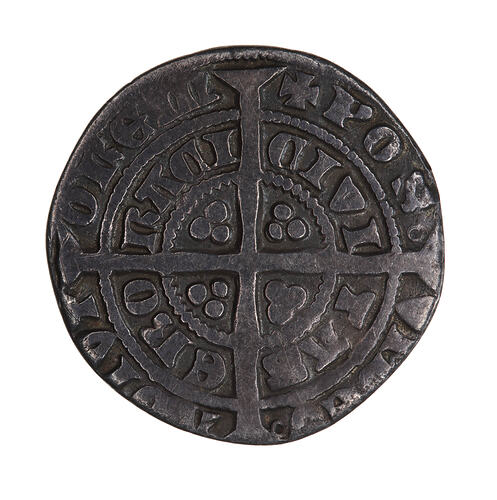 Coin, round, long cross pattee with three pellets in each angle; text around in two concentric circles.