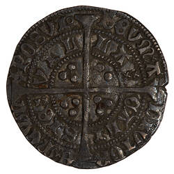 Coin, round, long cross pattee dividing legend; text around in two concentric circles.