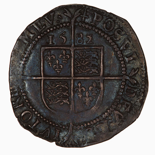 Coin, round, at centre within a beaded circle and over long cross fourchee, a quartered shield.
