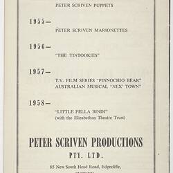 Theatre Program - Peter Scriven, 'Tintookies in a New Play Little Fella Bindi'