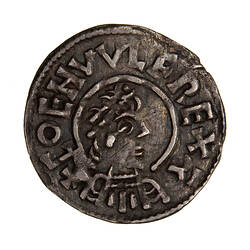 Coin, round, a diademed bust of male facing right, the bust extends to the edge of the coin; text around.