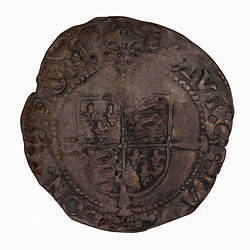 Coin, round, Royal crown, quartered with the arms of England and France, on cross fourchee.