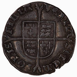 Coin, round, Royal shield, quartered with the arms of England and France, on a cross fourchee; text around.