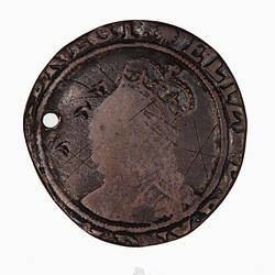 Coin, round, Within an inner bead circle, crowned bust of the Queen, wearing ruff and decorated dress.