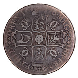 Coin, round, four crowned shields bearing the arms of England, Scotland, France and Ireland; text around.