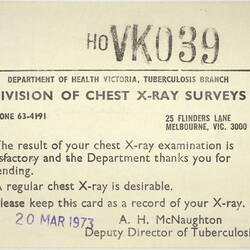Medical Result Card - Division of Chest X-Ray Surveys, Department of Health, Victoria, 20 Mar 1973