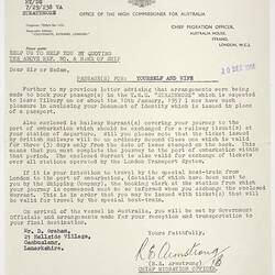 Letter - Office of The High Commissioner for Australia to Mr Daniel Graham, Documents of Identity, Dec 1956