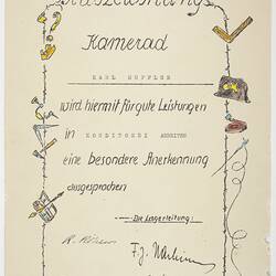 Achievement Certificate - Karl Muffler, Tatura Camp, 1940