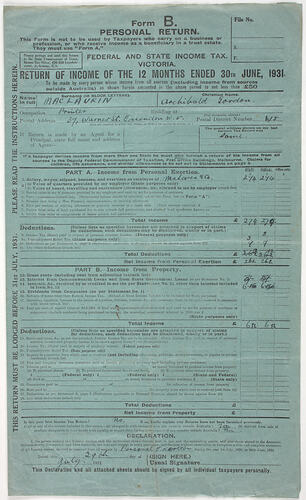 Taxation Return Form - AG Maclaurin, 30th June, 1931