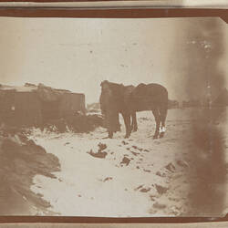 Soldier and horse standing next to small building in snow covered landscape.