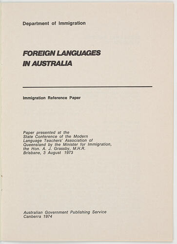 Cover, "Foreign Languages in Australia" Booklet