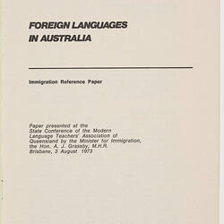 Cover, "Foreign Languages in Australia" Booklet