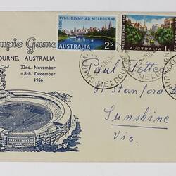 Envelope - First Day Cover, Addressed to Paul Fetter, Olympic Games, Australia, 1956