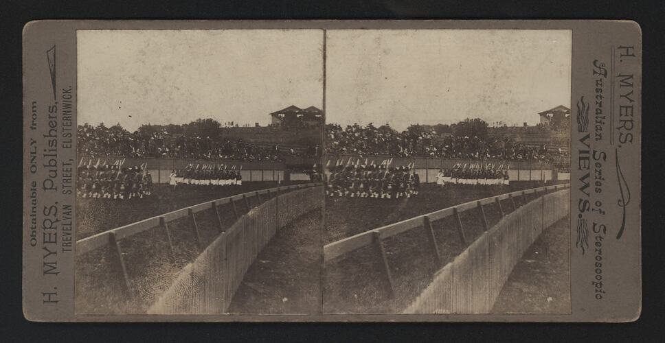 Stereograph - Federation Celebrations, Fiji Armed Native Constabulary & New Zealand Scottish Regiment, by G.H. Myers, Melbourne, Victoria, 1901