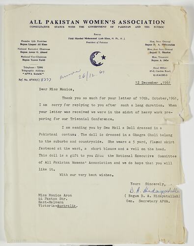 Letter - Begum D. A. Hideyatulla to Monica Aron, Request for National Doll, Karachi, 12 Dec 1961