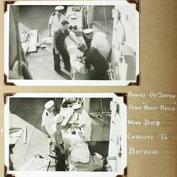 Two photos, sailors on a ship wrapping a body in cloth.