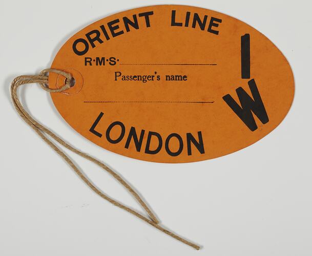 Baggage Label -Orient Line 1, R.M.S. London I W, Oval, Orange, circa 1930s