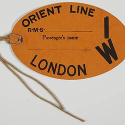 Baggage Label -Orient Line 1, R.M.S. London I W, Oval, Orange, circa 1930s