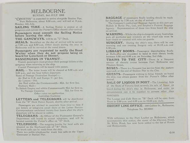Leaflet - 'Melbourne', Orient Line