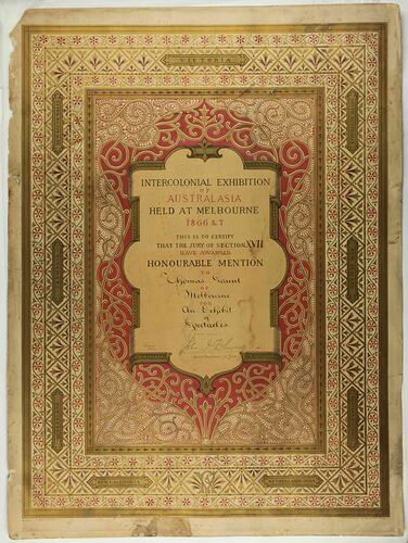 Certificate - Honourable Mention, Intercolonial Exhibition of Australasia, Thomas Gaunt, 1866-1867