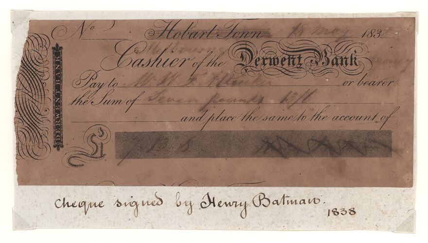 Cheque - Henry Batman, Derwent Bank, Melbourne Branch, Victoria, Australia, 1838