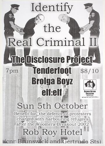 Poster - Identify the Real Criminal II, Refugee Action Collective, 2002